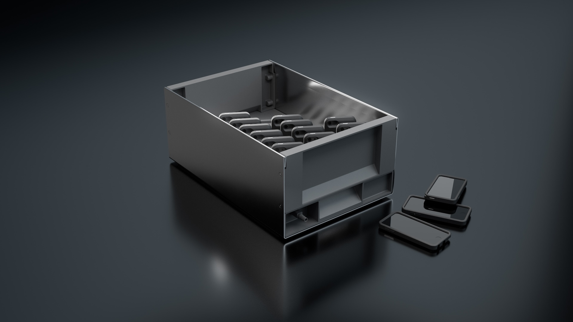 Angled render of the open charging crate with rows of connector carriers inside and three cased iPods beside it