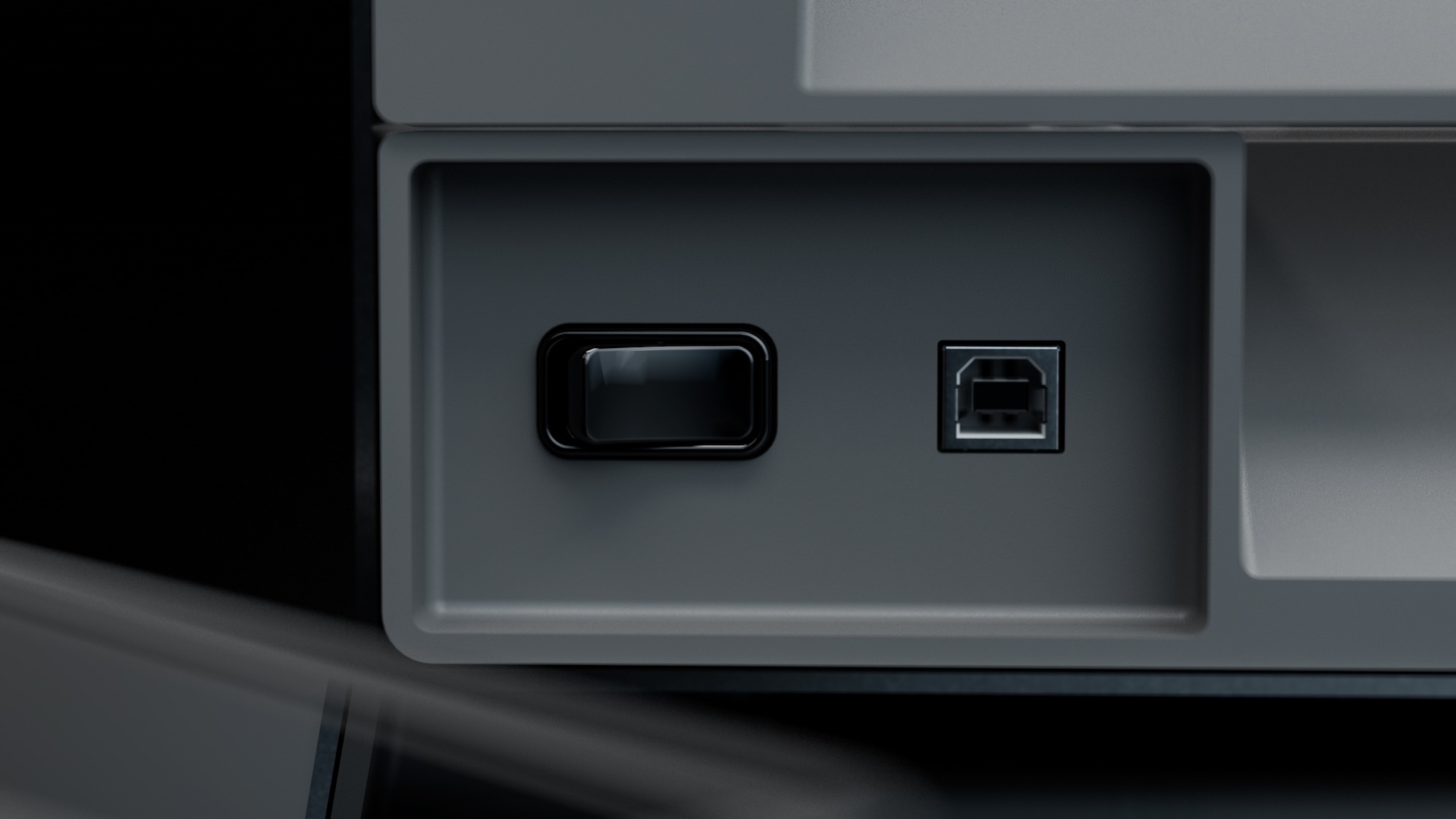 Close-up render of the bay's recessed panel with its black rocker power switch and USB-B port