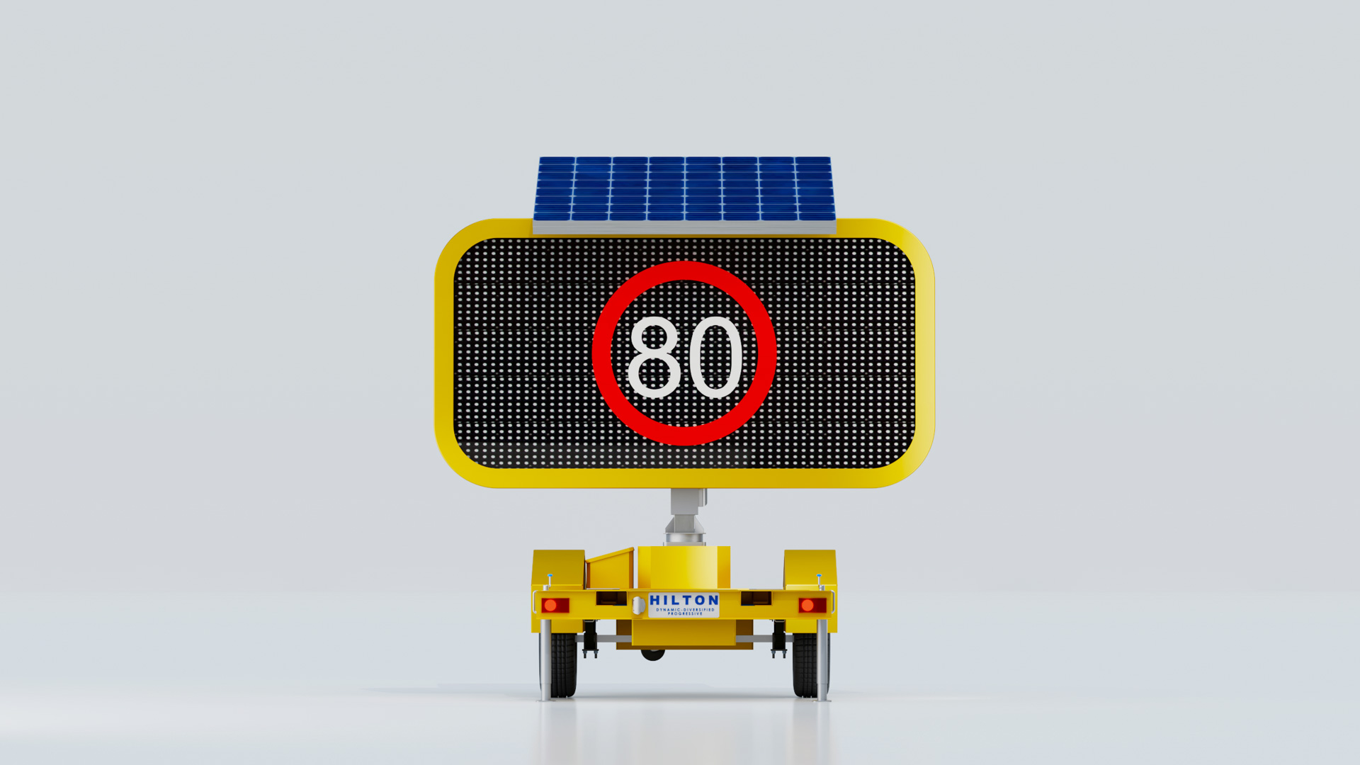 Trailer-mounted Hilton variable speed limit sign, its LED panel showing 80 in a red circle beneath a rooftop solar panel