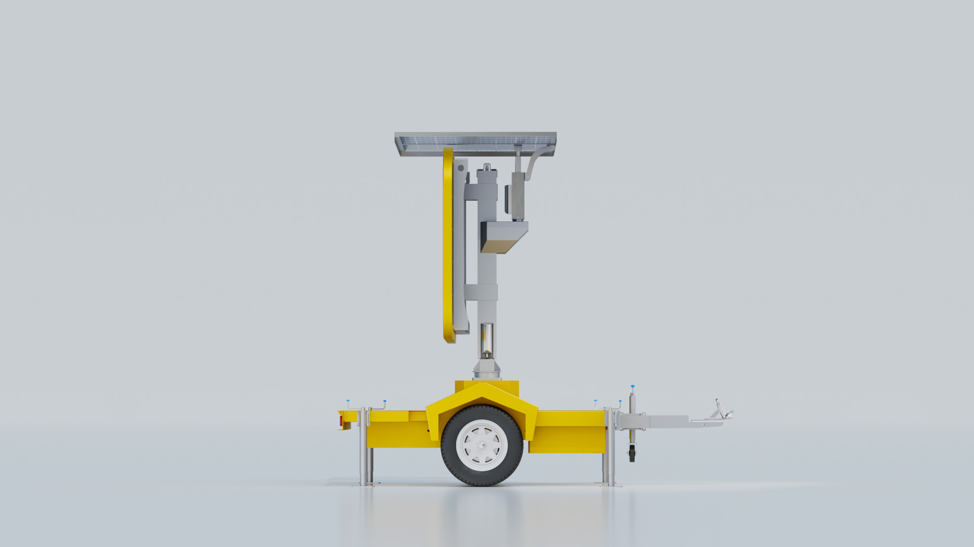 Side profile of the variable message sign trailer, panel raised on its telescopic mast with the solar panel flat on top
