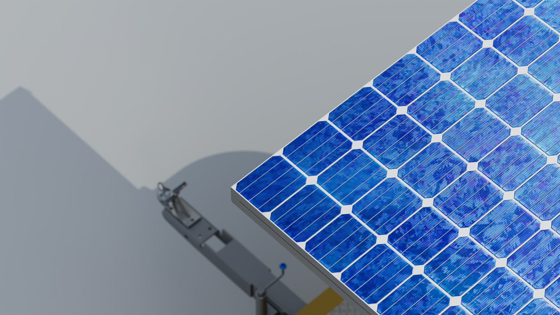 Close-up of the blue solar panel that charges the sign, its cells angled above the trailer hardware below