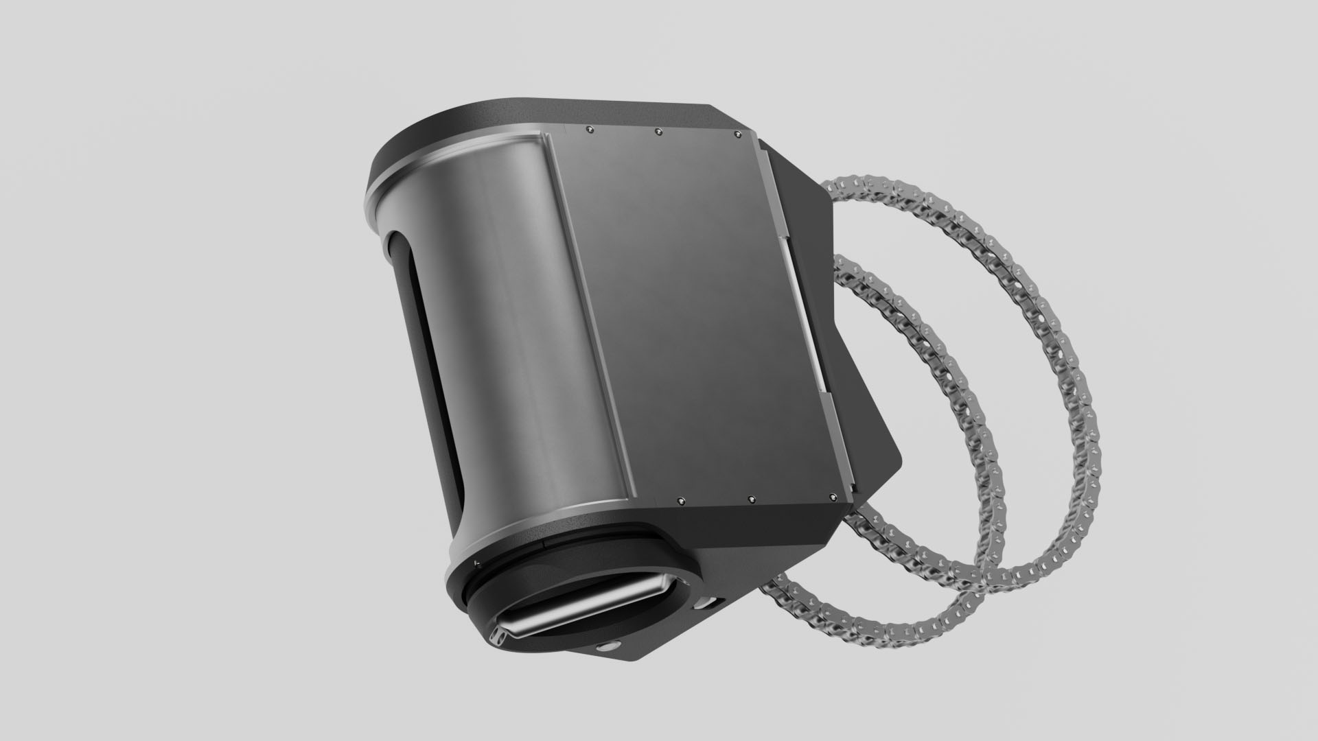 The complete feeder unit: silver barrel in an angular dark grey housing, with two loops of drive chain trailing behind