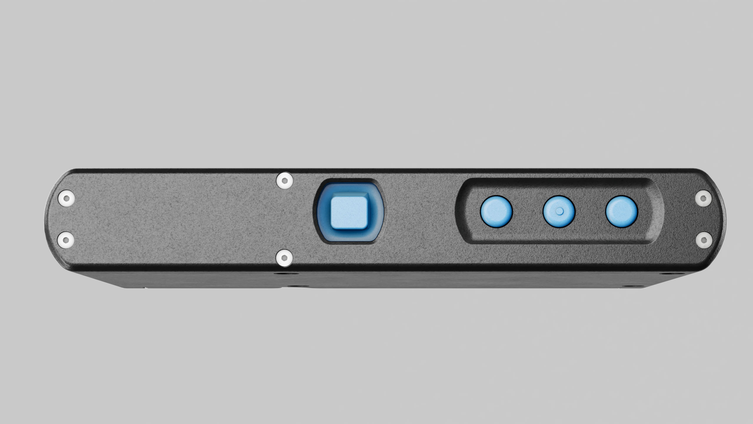 End face of a Bionic Vision control unit, with a square selector and three round buttons recessed into the sealed housing